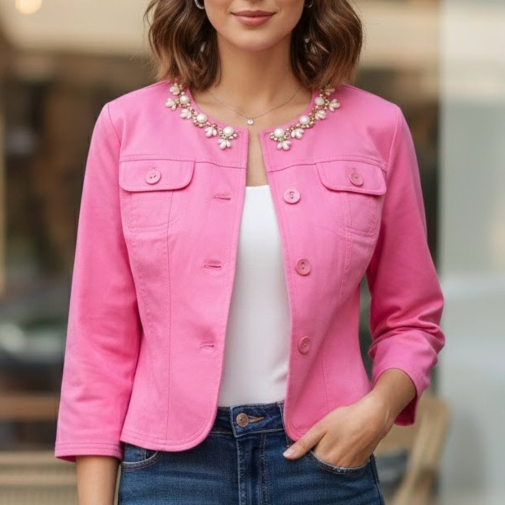 Ruby Rd. Baby Pink Embellished Jewels Collar Jacket Blazer Barbiecore Coquette